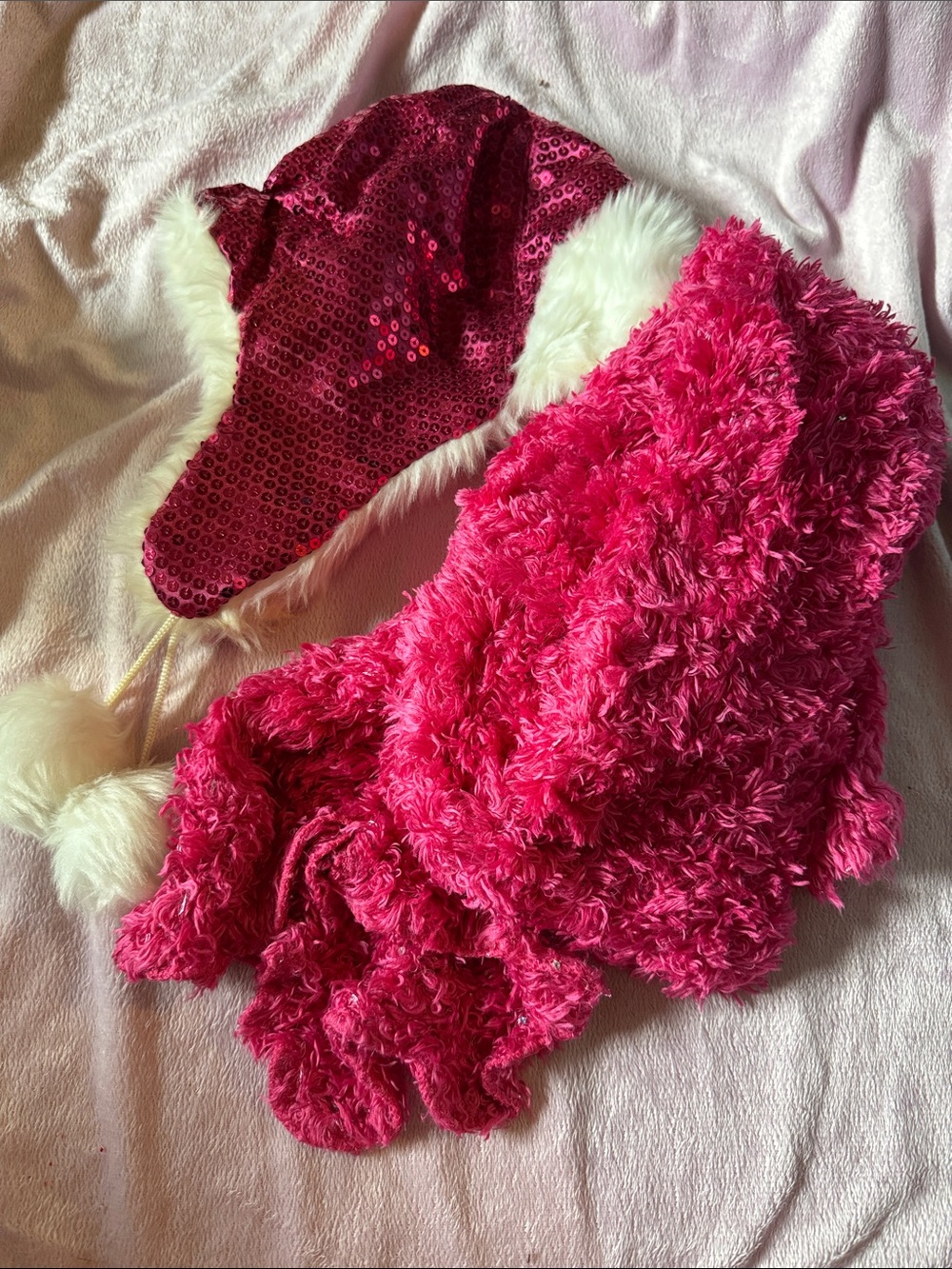 Pink Fuzzy scarf and Sequin Hat Set
